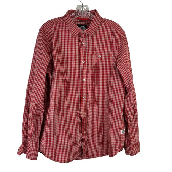 The North Face Mens Button Up Shirt Size Medium Red Gray Long Sleeve Cotton - Picture 1 of 6